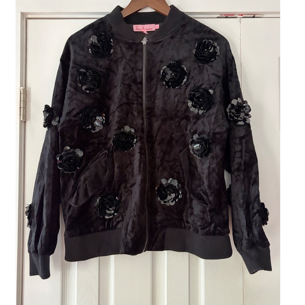 Eva Franco Black Velvet Sequin Floral‎ Applique Bomber Jacket XS  NEW